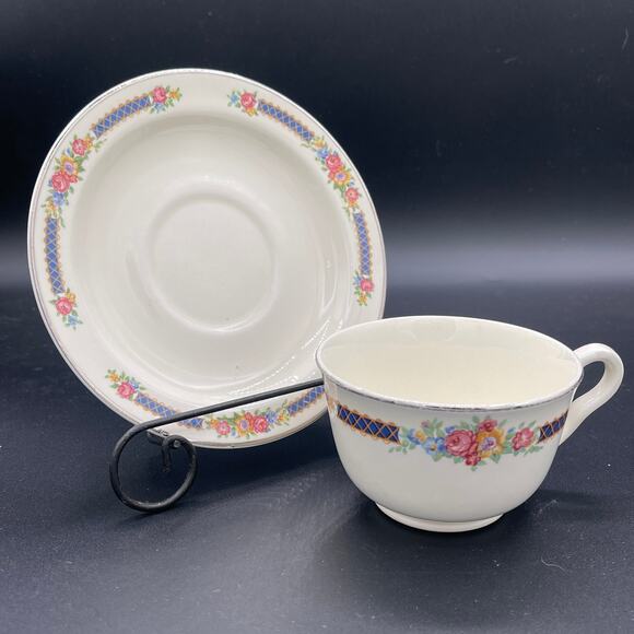 The Hall China Co. Blue Bouquet Teacup and Saucer Set - Picture 2 of 6